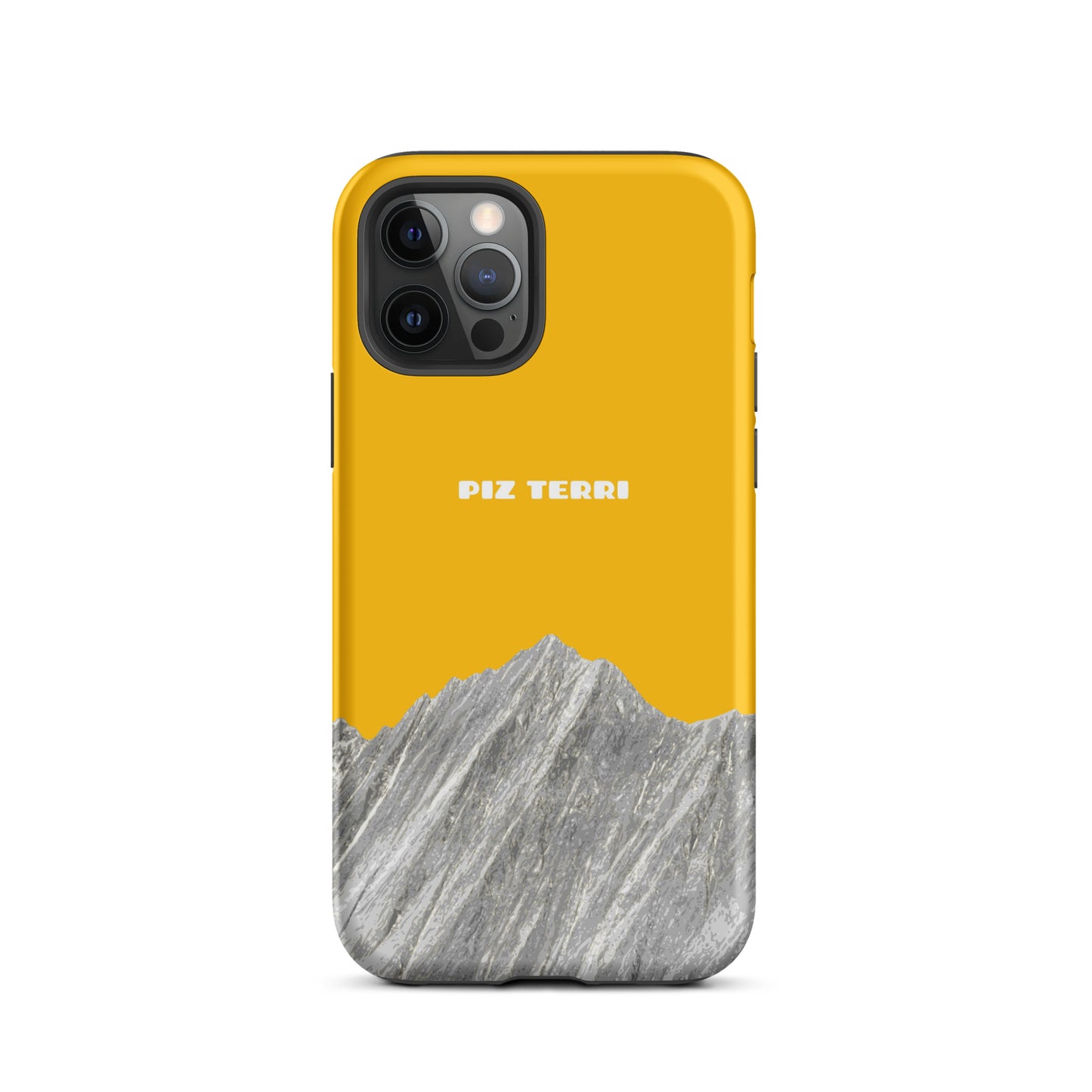 Goldgelbe iPhone Hülle mit Piz Terri Motiv, matt, für iPhone 12 Pro, Vorderansicht.
