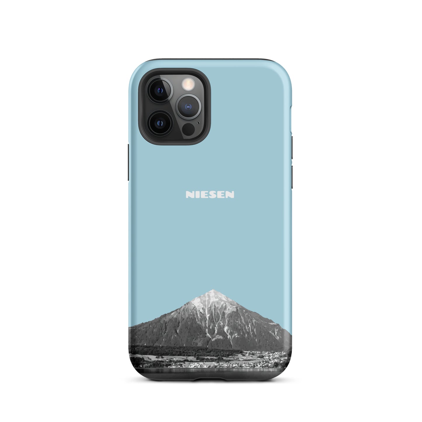 Matte Handyhülle für Apple iPhone 12 Pro in Hellblau mit Niesen-Motiv aus dem Berner Oberland.
