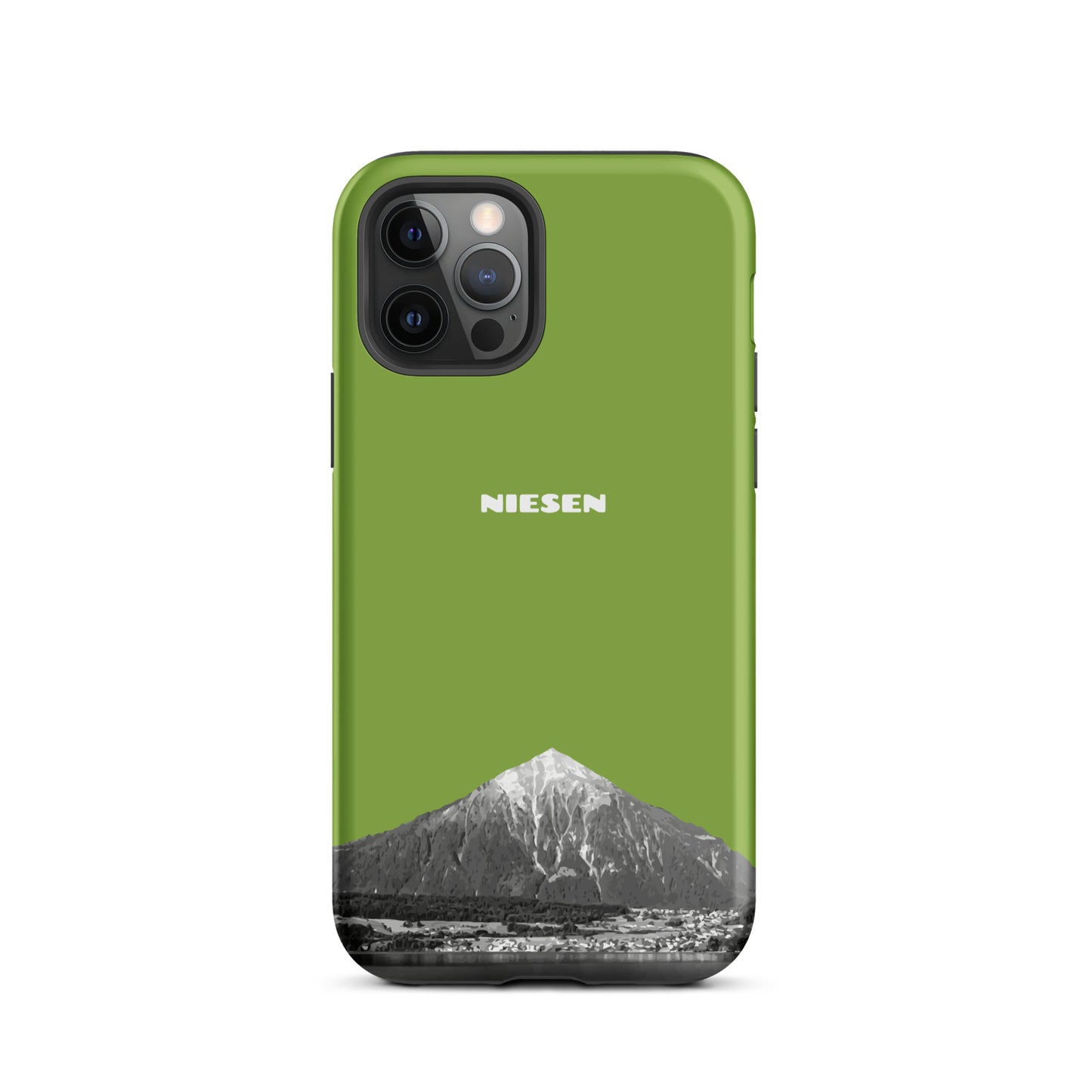 Gelbgrüne iPhone 12 Pro Handyhülle mit matte Oberfläche und Niesen-Motiv aus dem Berner Oberland.