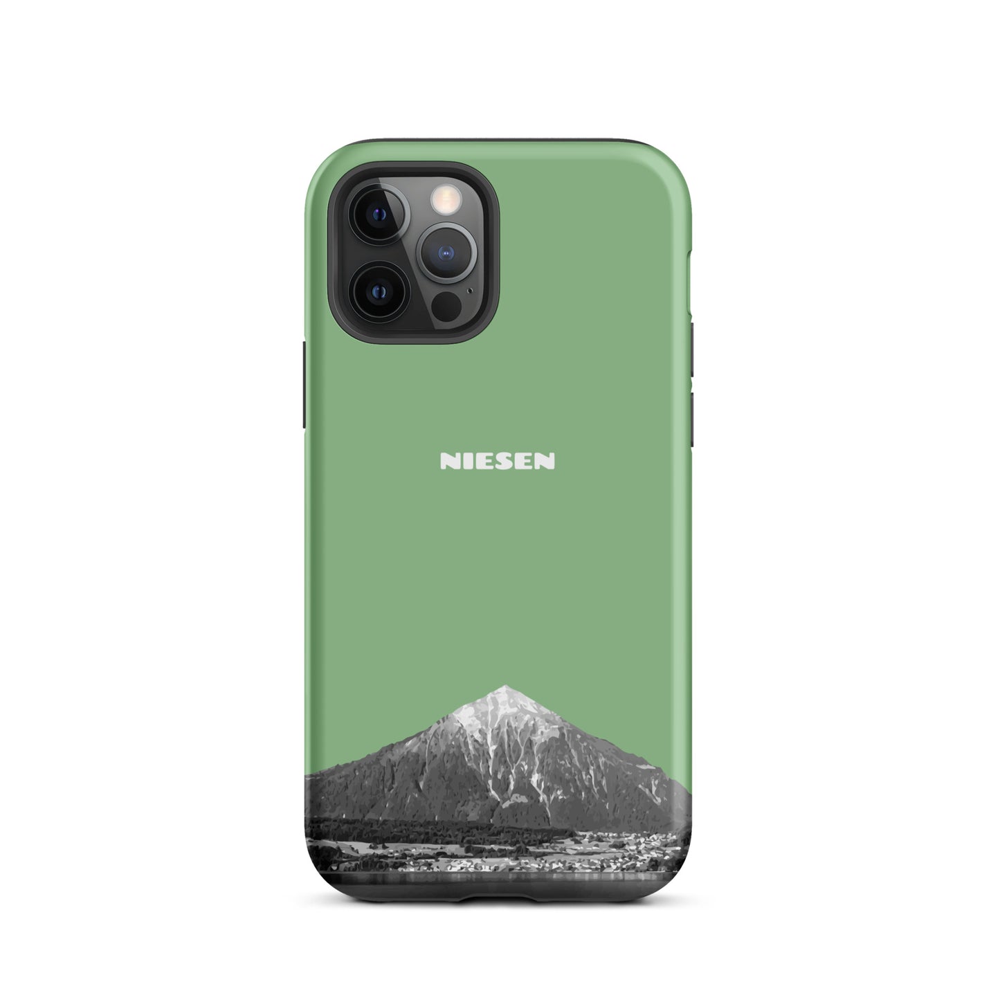 Matte Handyhülle für iPhone 12 Pro in Hellgrün mit Niesen-Motiv aus dem Berner Oberland.