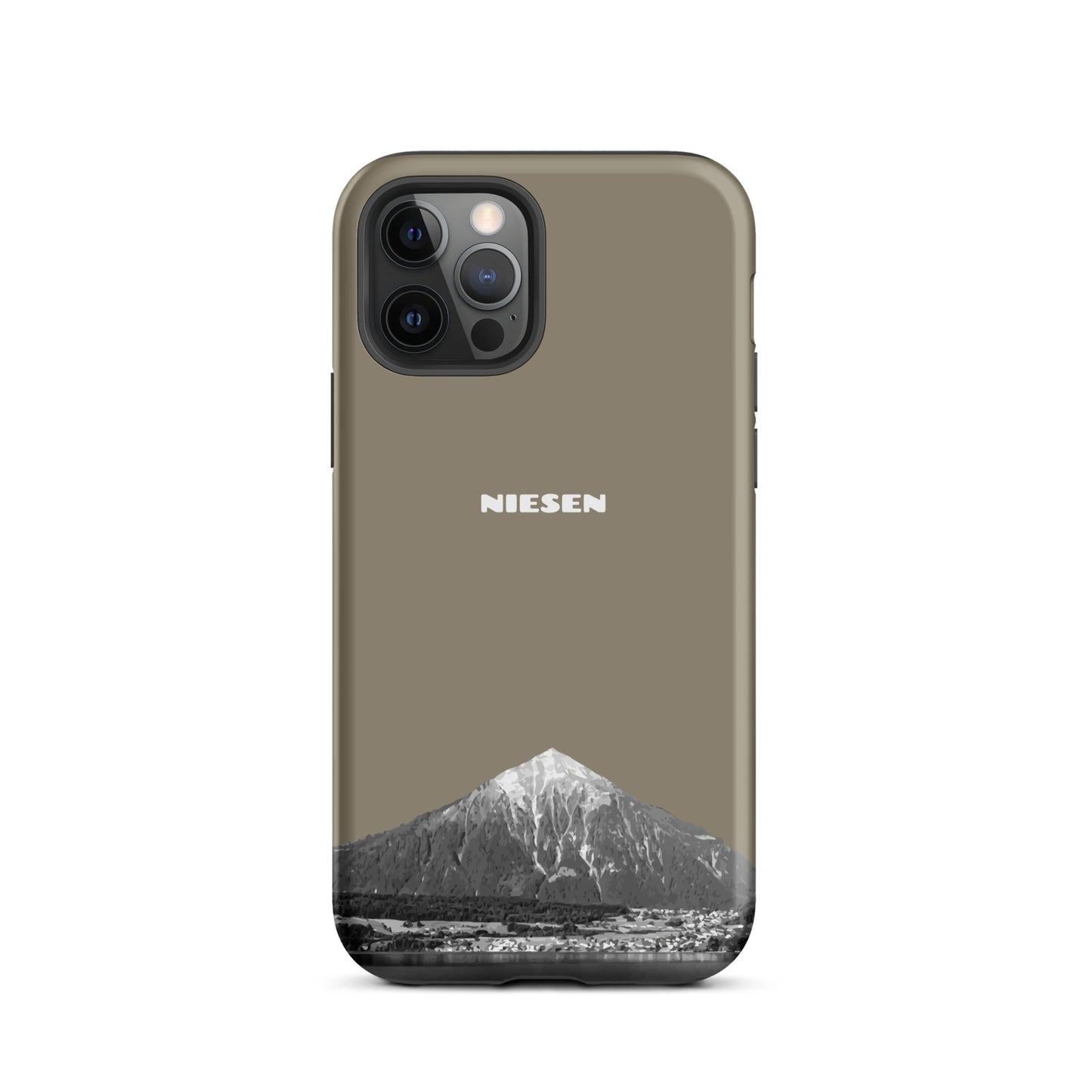 Graubraune iPhone 12 Pro Handyhülle mit mattem Finish und Niesen-Motiv aus dem Berner Oberland.