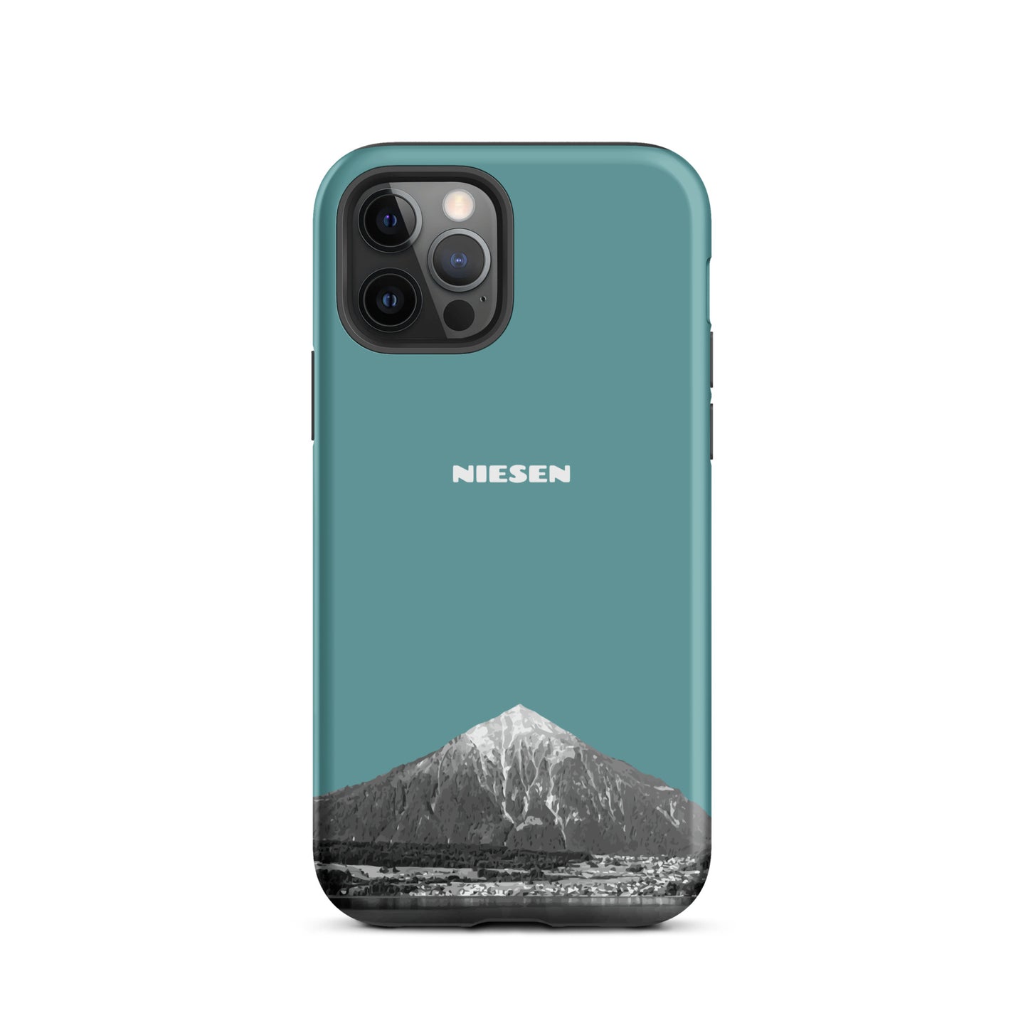 Kadettenblaue iPhone 12 Pro Hülle mit mattem Finish und Niesen-Motiv am Thunersee.