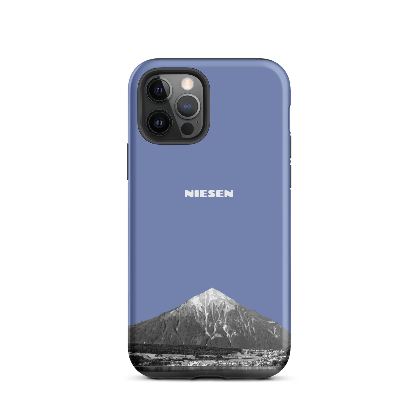 Matte Handyhülle für Apple iPhone 12 Pro in Pastellblau mit Niesen-Motiv am Thunersee im Berner Oberland.