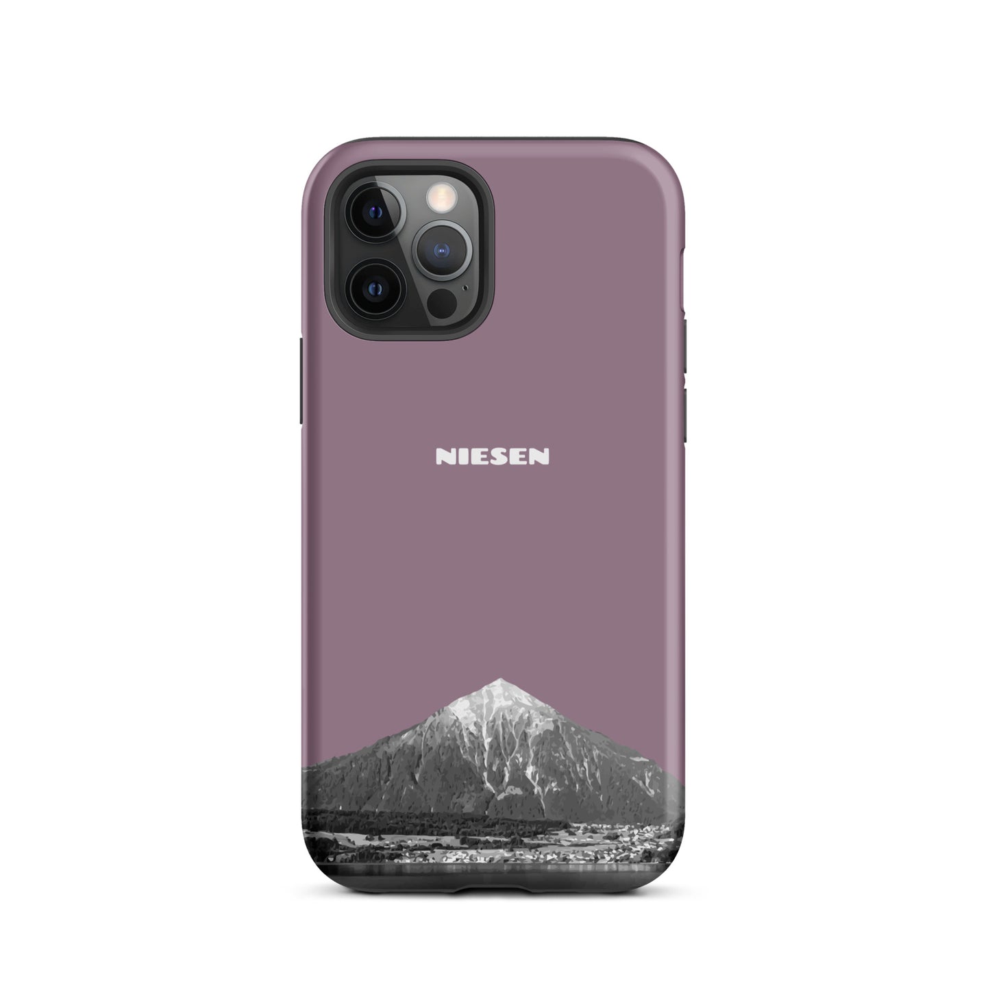 Pastellviolette iPhone 12 Pro Handyhülle mit mattem Finish und Niesen-Motiv aus dem Berner Oberland.