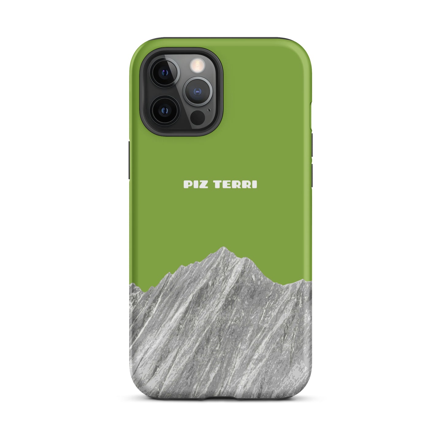 Gelbgrüne iPhone Hülle mit Piz Terri Motiv aus robustem Kunststoff, Vorderansicht.
