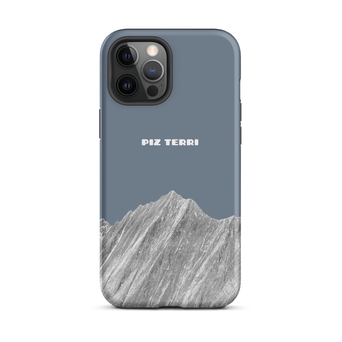 Schiefergraue iPhone Hülle mit Piz Terri Motiv aus mattem Kunststoff, Frontansicht.