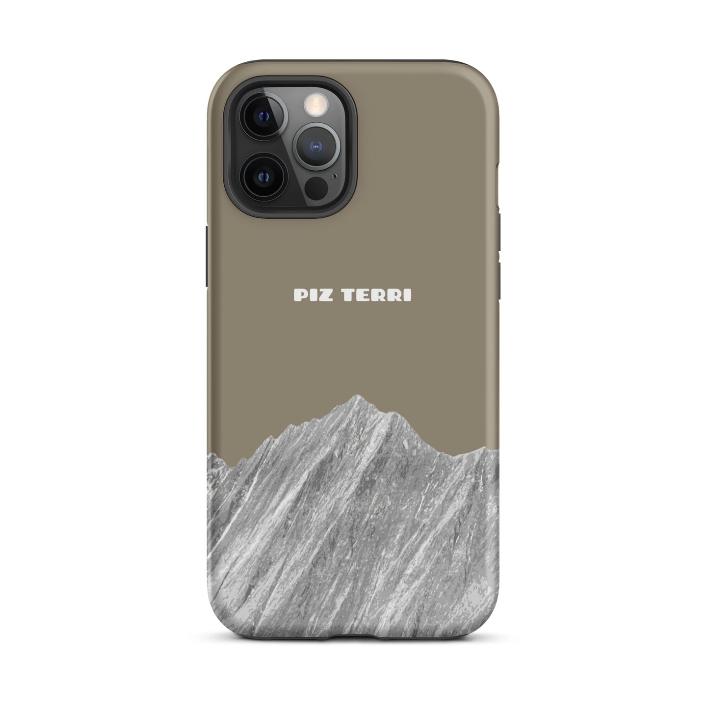 Graubraune iPhone-Hülle mit Piz Terri Motiv, robustes Design, mattierte Oberfläche, passend für iPhone 12 Pro Max.