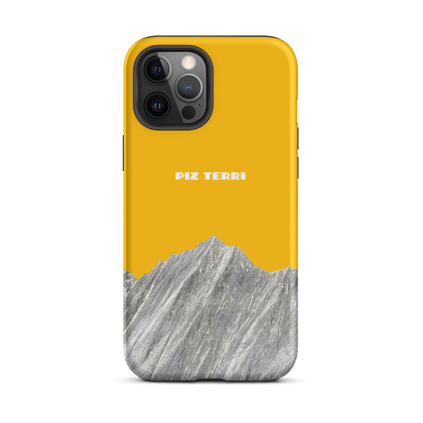 Goldgelbe iPhone Hülle mit Piz Terri Motiv, matt, robuste Schutzhülle für iPhone 12 Pro Max