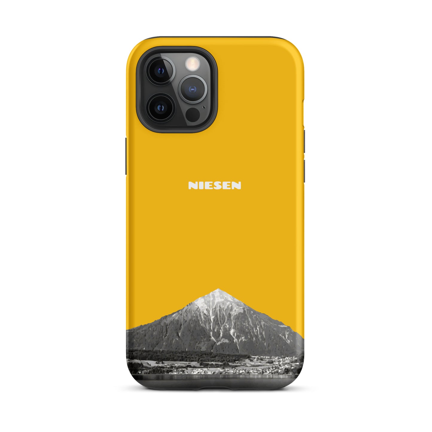 Goldgelbe iPhone 12 Pro Max Hülle mit Niesen-Motiv, matt, stoßfest