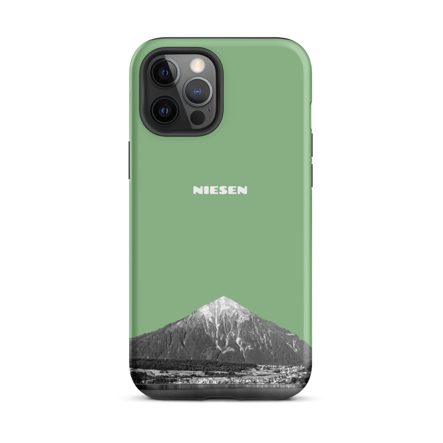 Matte Handyhülle in Hellgrün für Apple iPhone 12 Pro Max mit Niesen-Motiv aus dem Berner Oberland.