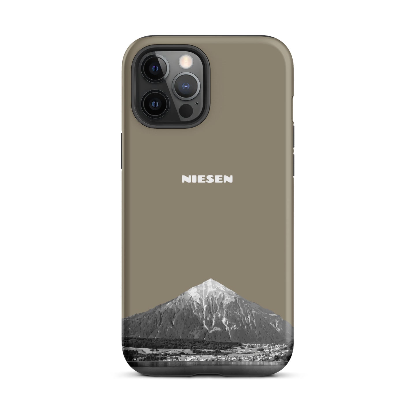Graubraune iPhone 12 Pro Max Handyhülle mit mattem Finish und Niesen-Motiv aus dem Berner Oberland.