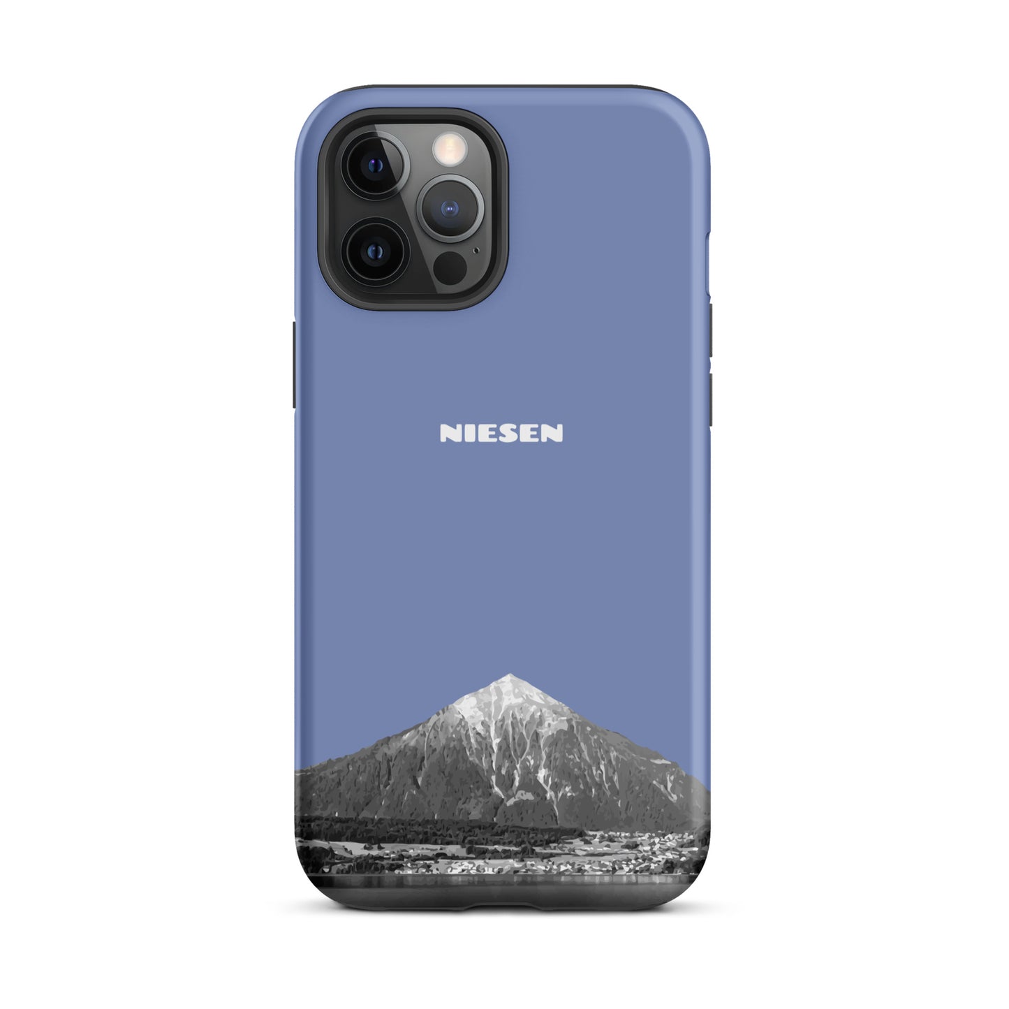 Pastellblaue iPhone 12 Pro Max Hülle mit Niesen-Motiv, matt, stoßfest, präzise Aussparungen.