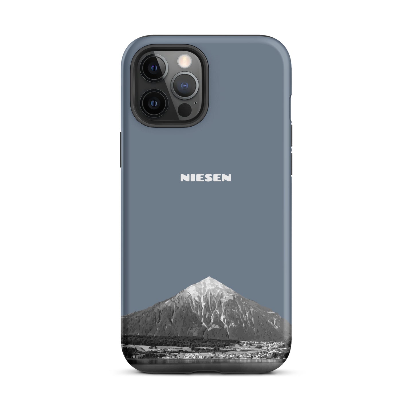 Stoßfeste iPhone 12 Pro Max Hülle in Schiefergrau mit Niesen-Motiv, matt, Berner Oberland Design