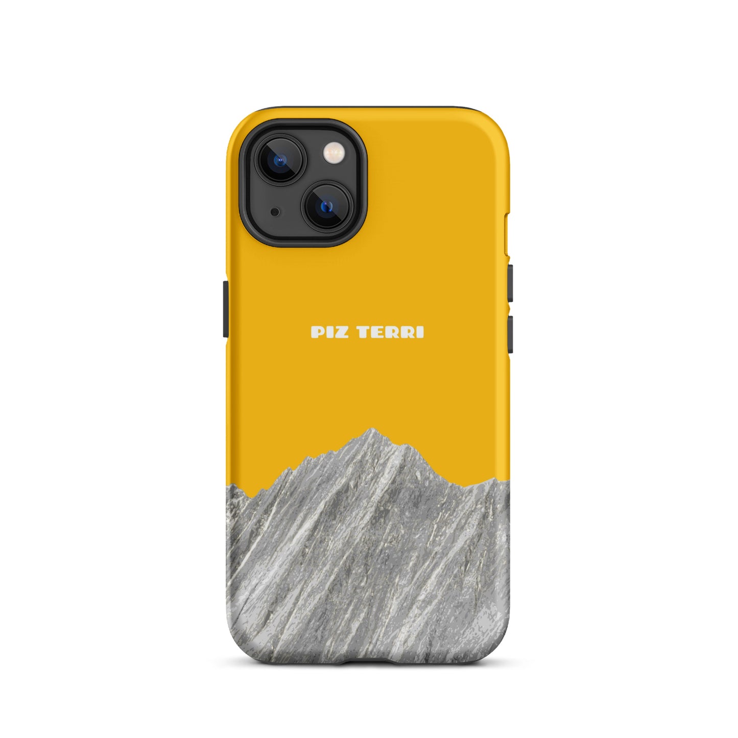Goldgelbe iPhone 13 Handyhülle mit Piz Terri Motiv, matte Oberfläche, Vallada