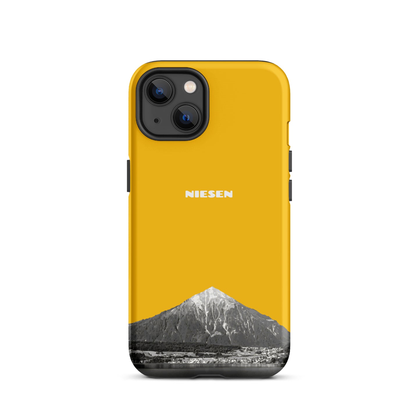 Goldgelbe iPhone 13 Handyhülle mit Niesen-Motiv, Thunersee, Berner Oberland, matt, robust.