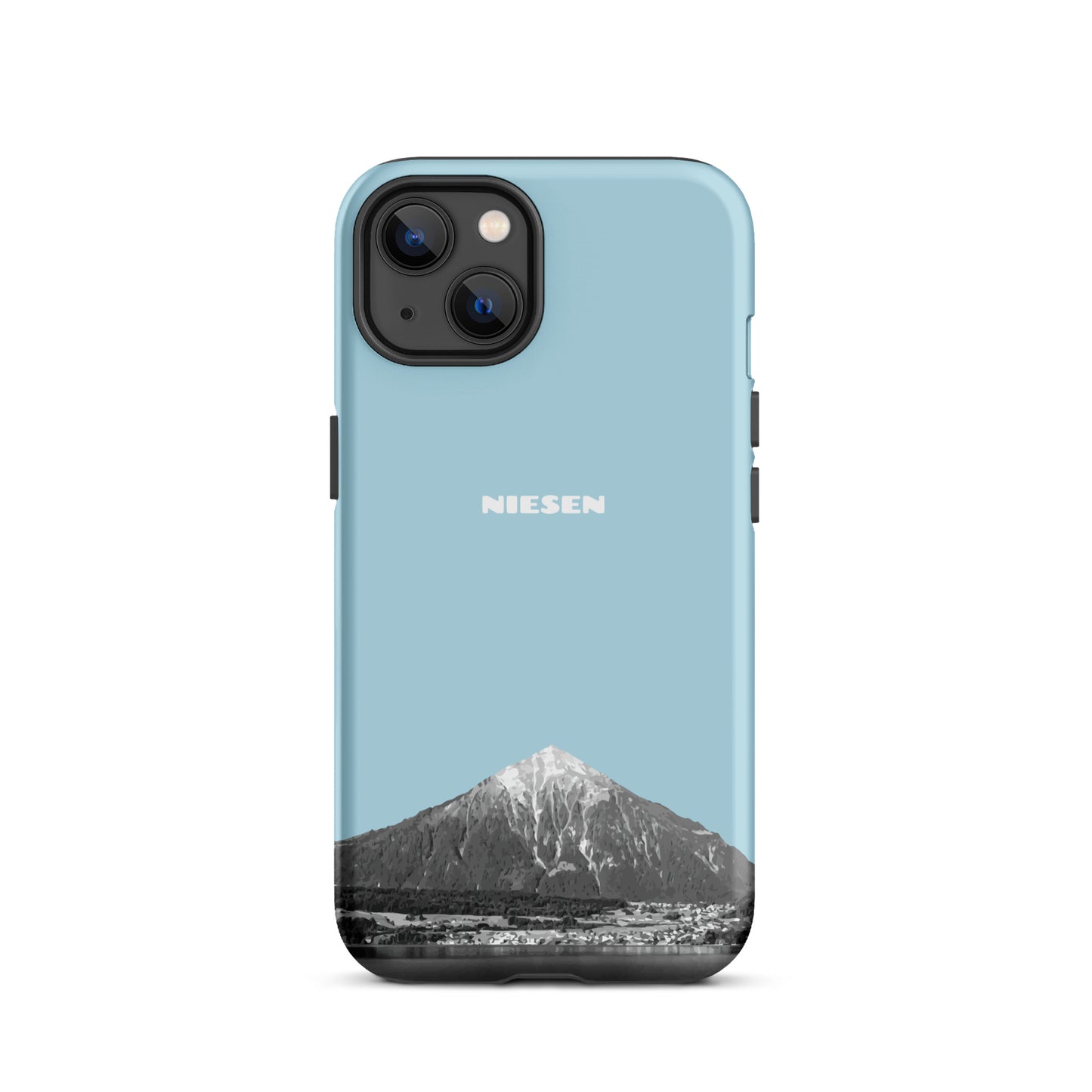 Matte Handyhülle für Apple iPhone 13 in Hellblau mit Niesen-Motiv aus dem Berner Oberland.