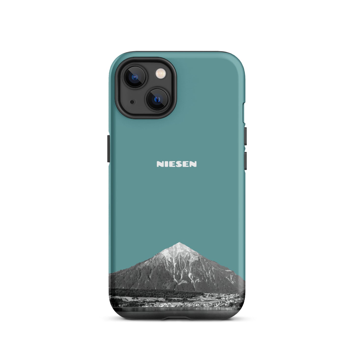 Matte iPhone 13 Hülle in Kadettenblau mit Niesen-Motiv, Thunersee Panorama, stoßfest, Berner Oberland Design