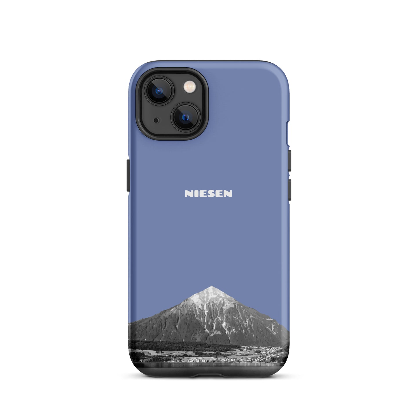 Matte iPhone 13 Handyhülle in Pastellblau mit Niesen-Motiv aus dem Berner Oberland.