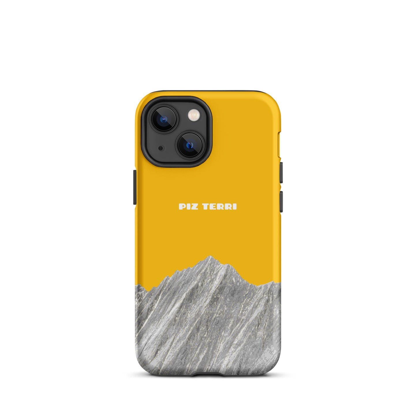 Goldgelbe iPhone Handyhülle mit Piz Terri Motiv aus mattem Material, Vorderansicht.