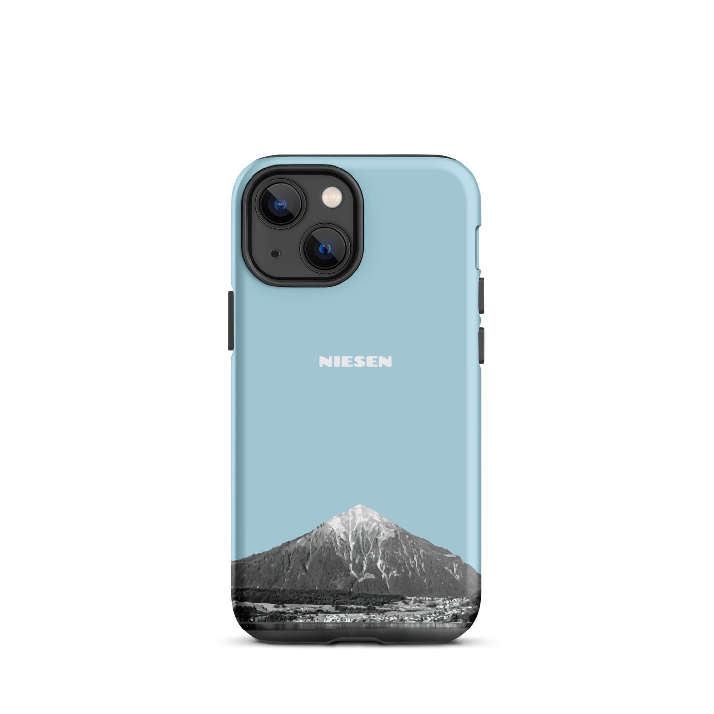 Matte Handyhülle für iPhone 13 mini in Hellblau mit Niesen-Motiv aus dem Berner Oberland.