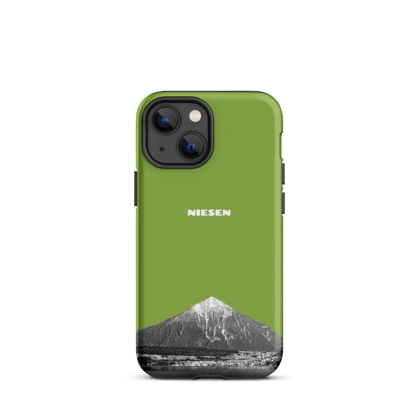 Gelbgrüne iPhone 13 Mini Handyhülle mit Niesen-Motiv, matte Oberfläche, stoßfest.