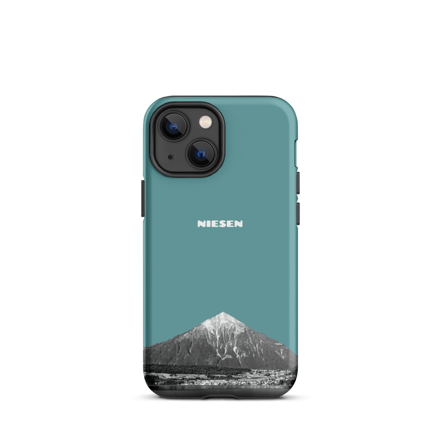 Handyhülle iPhone 13 mini in Kadettenblau mit Niesen-Motiv aus dem Berner Oberland.