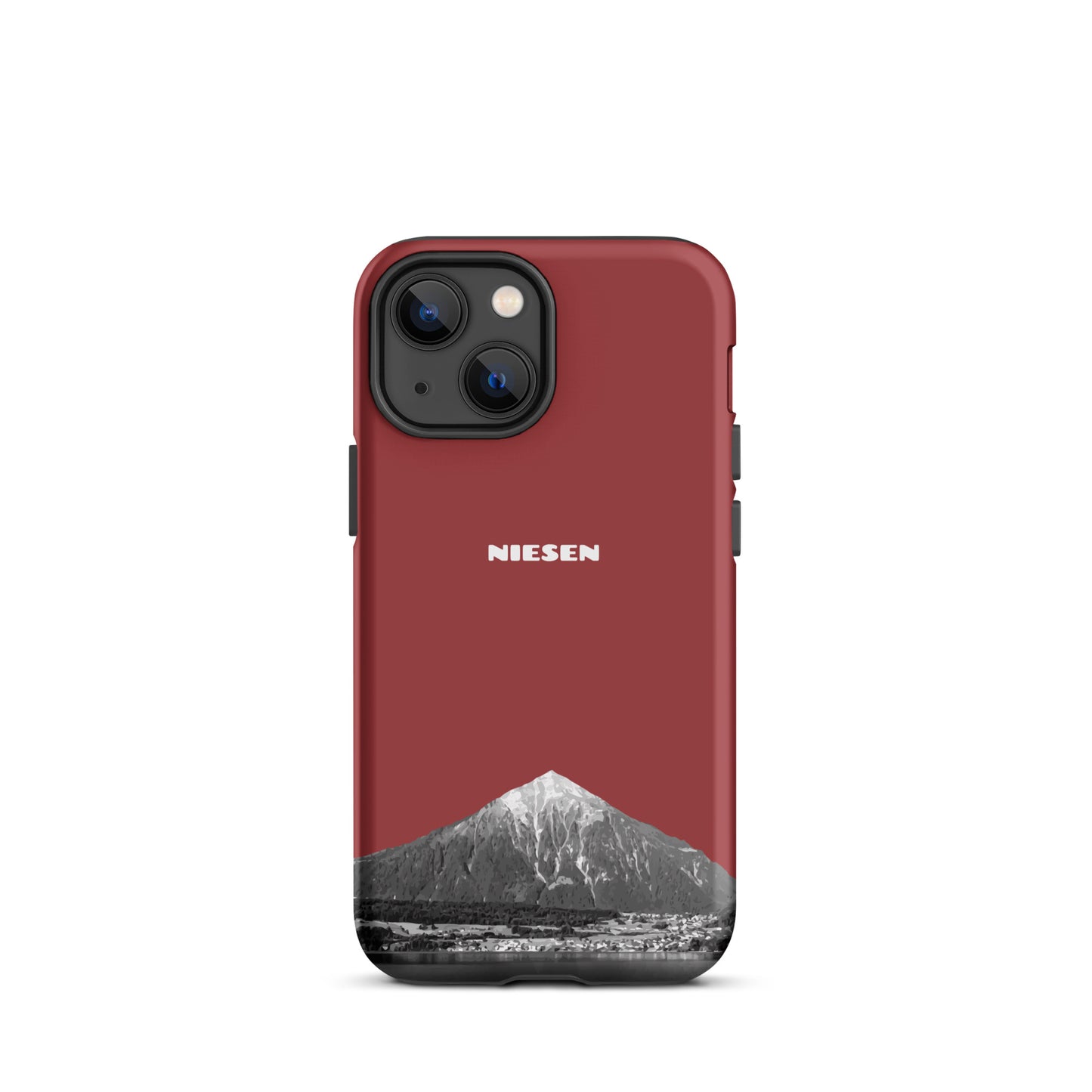 Rote iPhone 13 mini Hülle mit Niesen Design am Thunersee im Berner Oberland