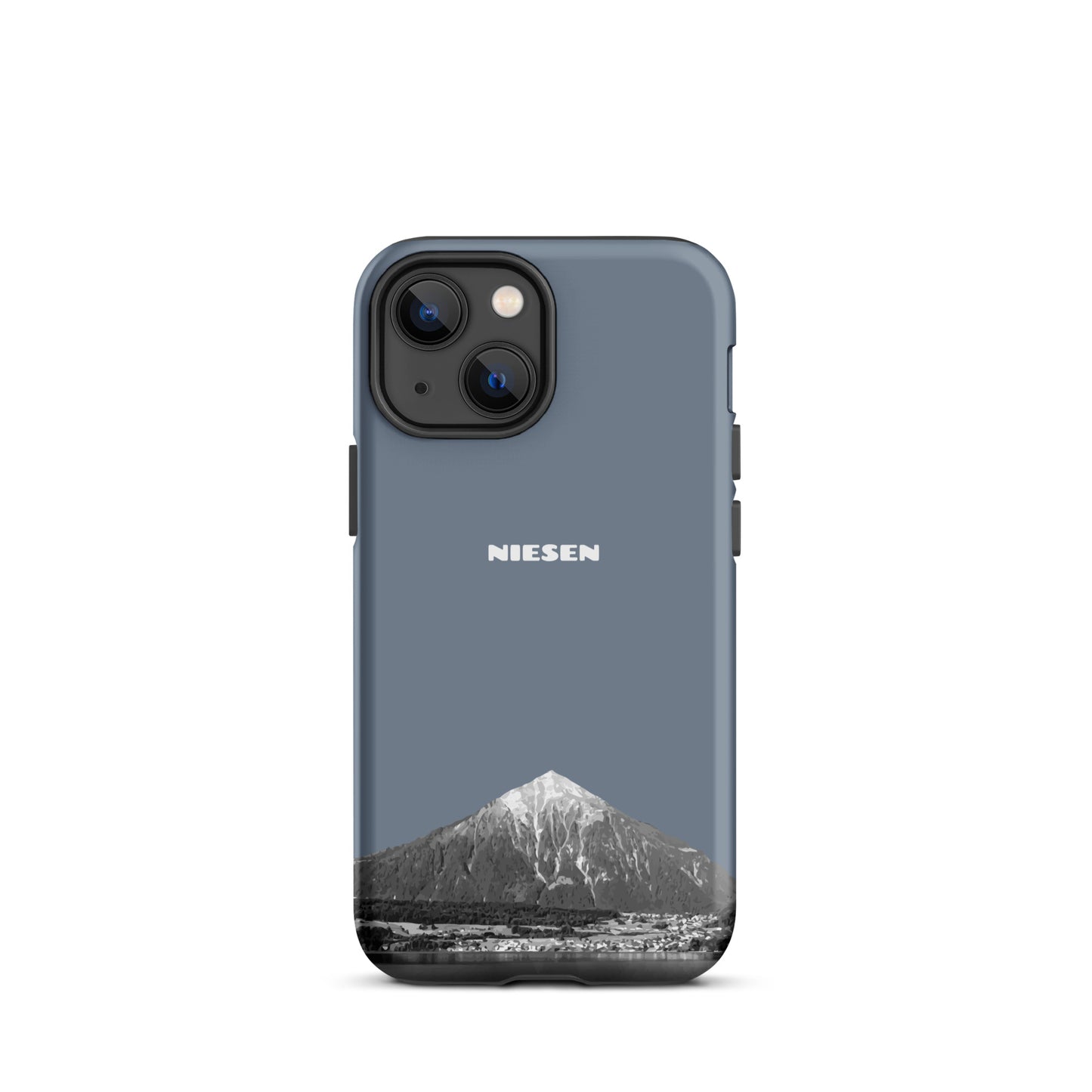 Schiefergraue iPhone 13 mini Handyhülle mit Niesen-Motiv aus dem Berner Oberland, matt und robust.