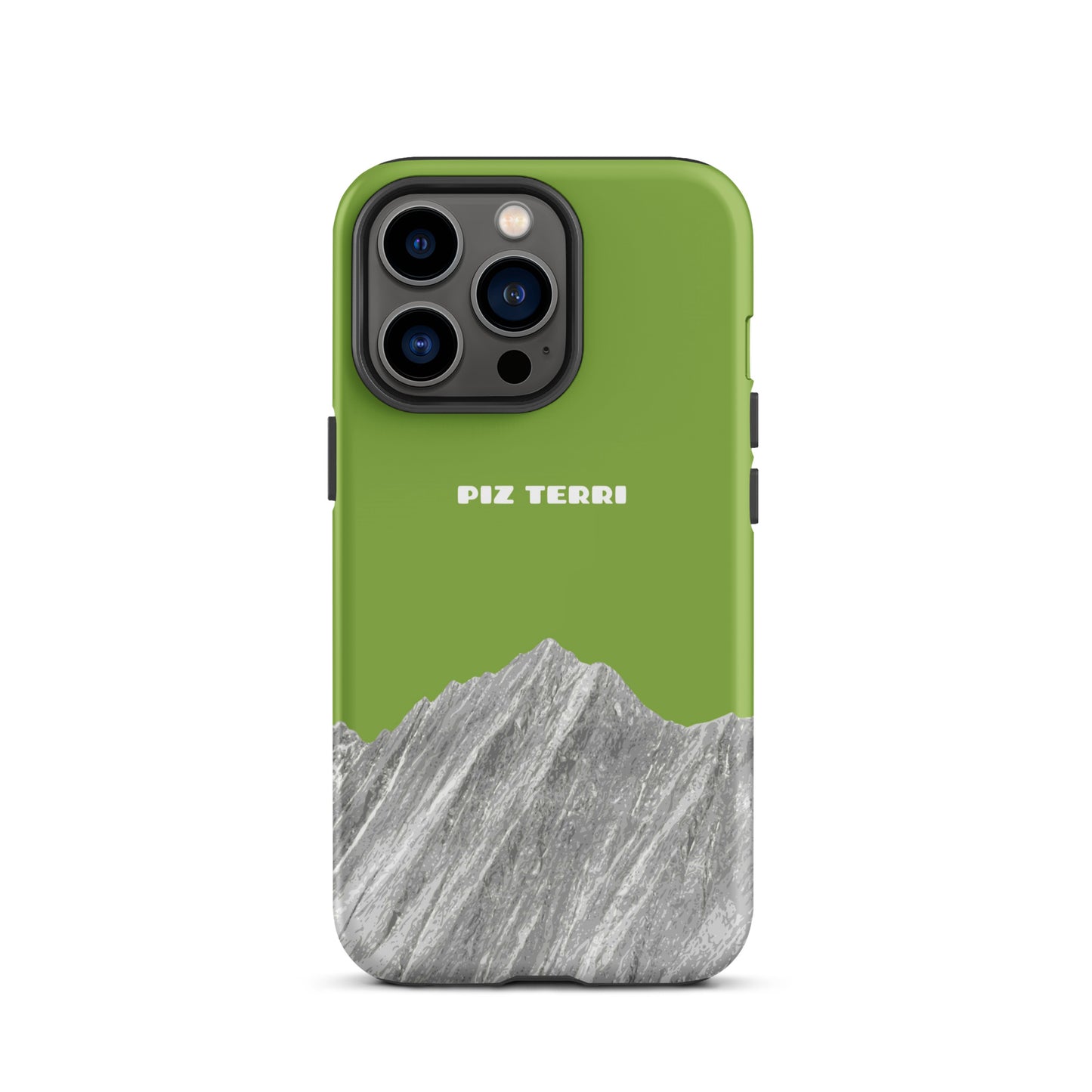 Gelbgrüne iPhone-Hülle mit Piz Terri-Design, robuste Matte-Oberfläche, passend für iPhone 13 Pro.