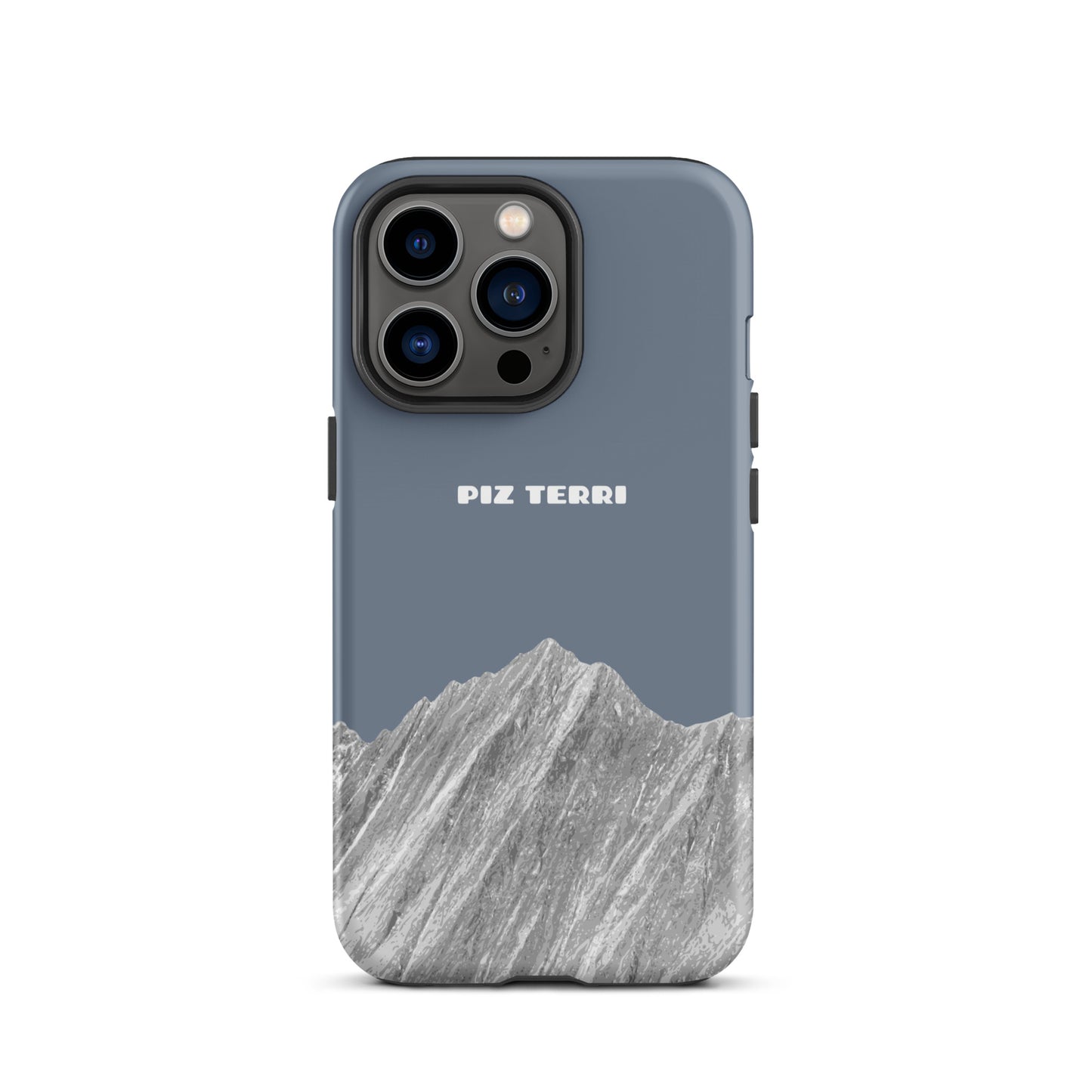 Matte iPhone Hülle in Schiefergrau mit Piz Terri Motiv, robustes Design für iPhone 13 Pro.