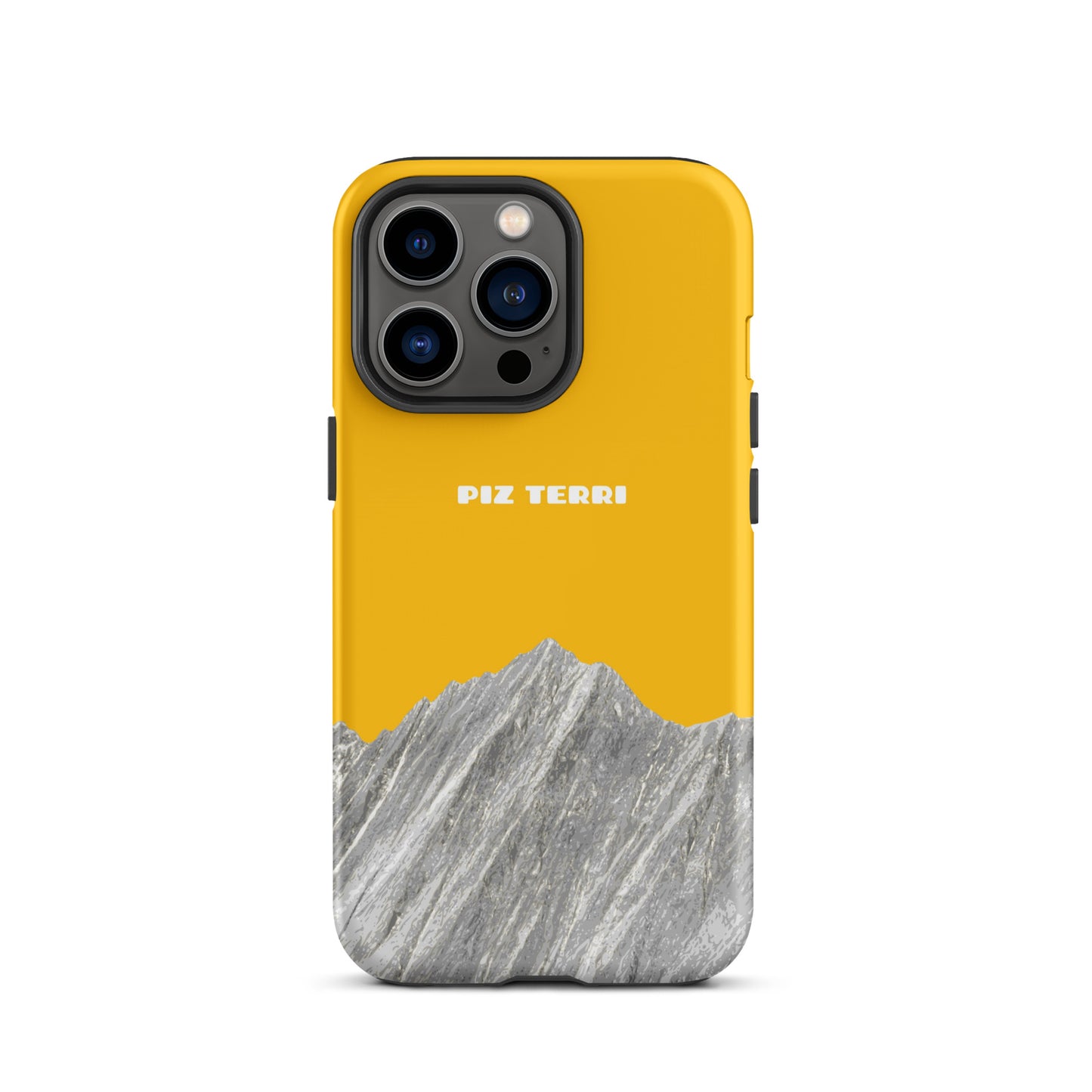 Matte iPhone-Hülle in Goldgelb mit Piz Terri Design, robust und stylisch.