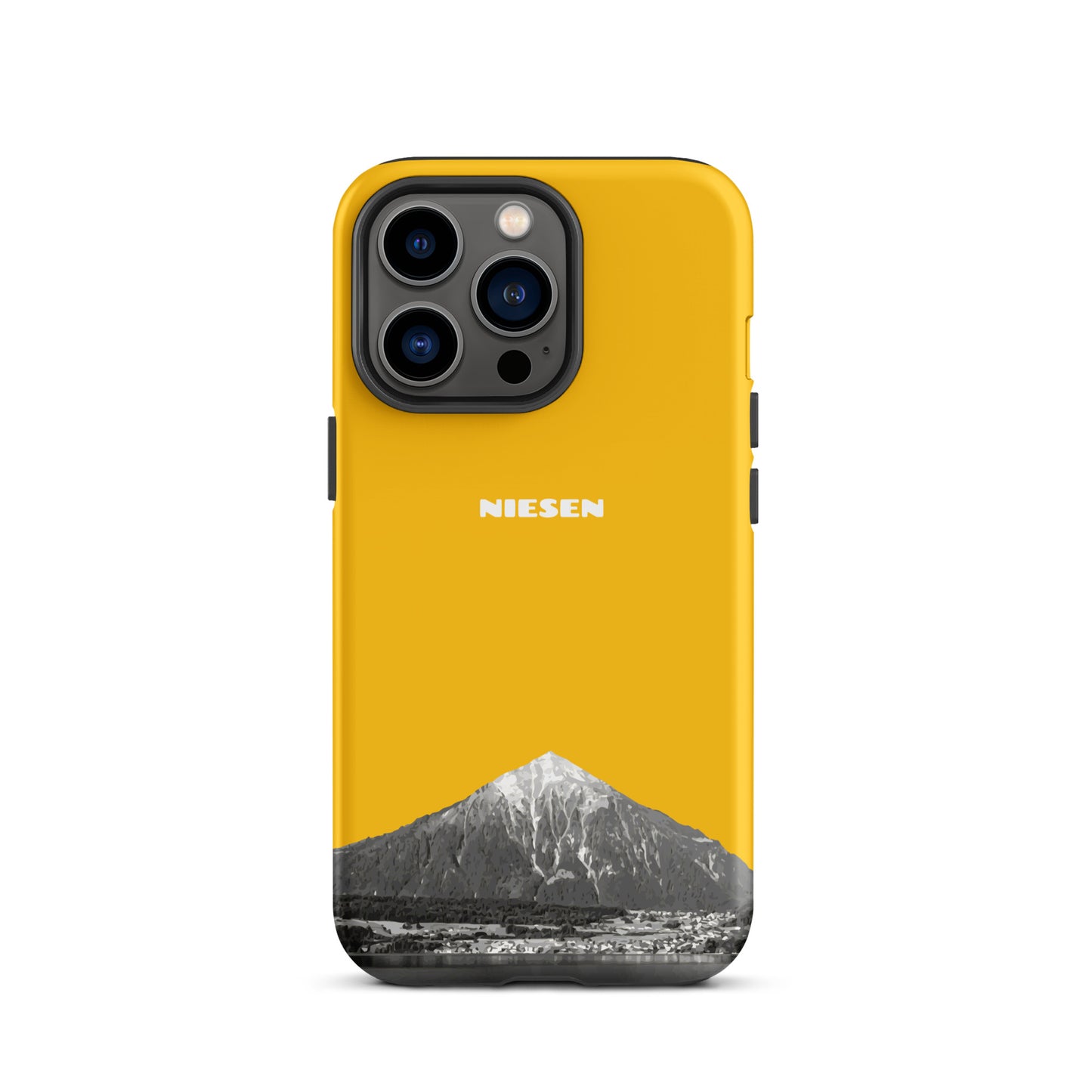 Matte iPhone 13 Pro Handyhülle in Goldgelb mit Niesen-Motiv aus dem Berner Oberland.