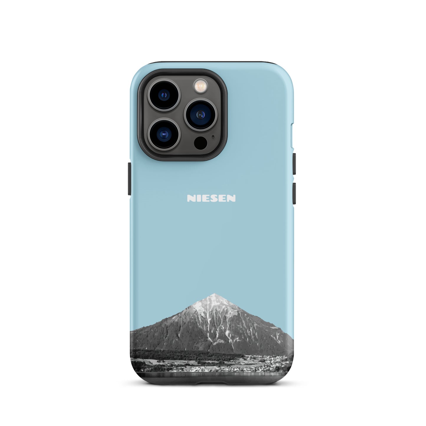 Matte Handyhülle für Apple iPhone 13 Pro in Hellblau mit Niesen-Motiv am Thunersee im Berner Oberland.