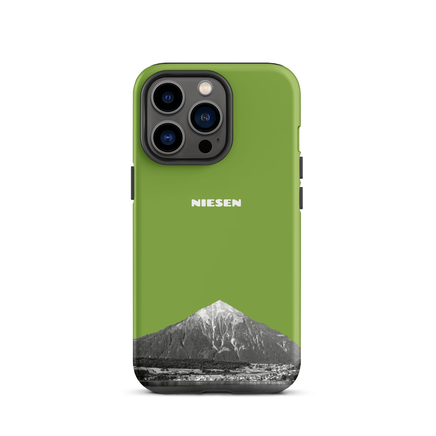 Gelbgrüne iPhone 13 Pro Handyhülle mit matte Oberfläche und Niesen-Motiv aus dem Berner Oberland.