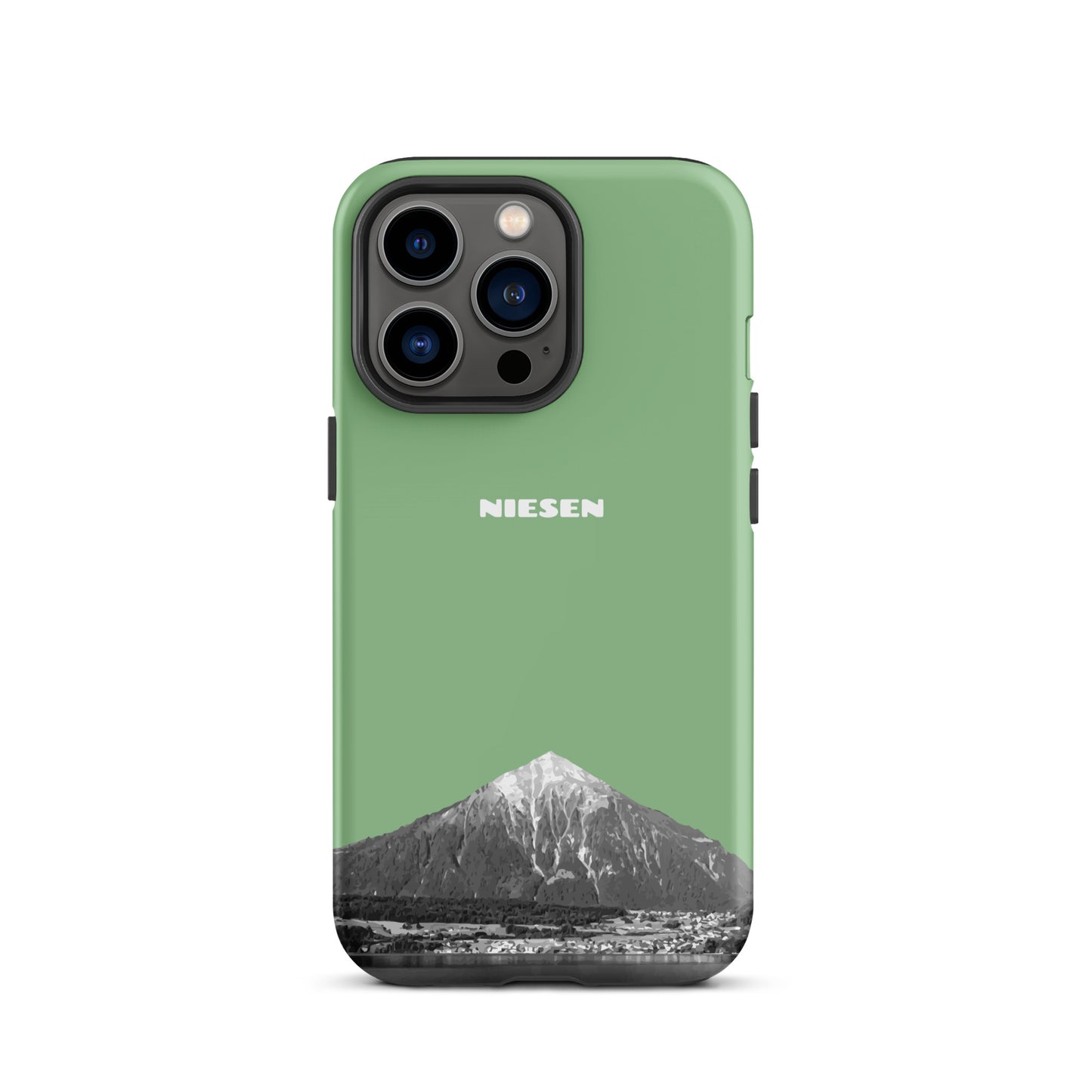 Hellgrüne iPhone 13 Pro Handyhülle mit Niesen-Motiv, matt, stoßfest, Berner Oberland Design.
