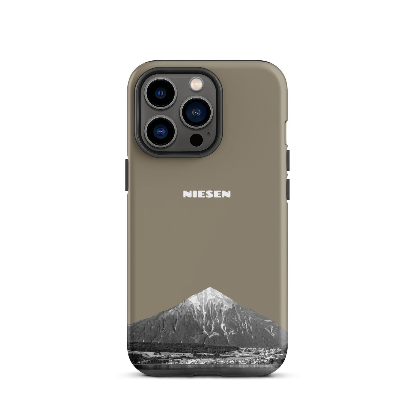 Robuste, matte iPhone 13 Pro Handyhülle in Graubraun mit Niesen-Motiv aus dem Berner Oberland.