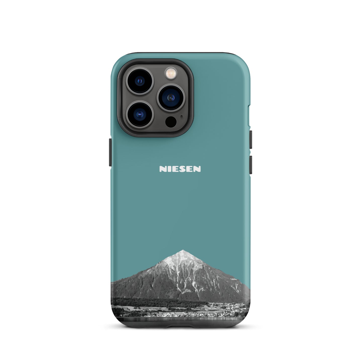 Matte iPhone 13 Pro Hülle in Kadettenblau mit Niesen-Motiv, stoßfest und kratzfest.