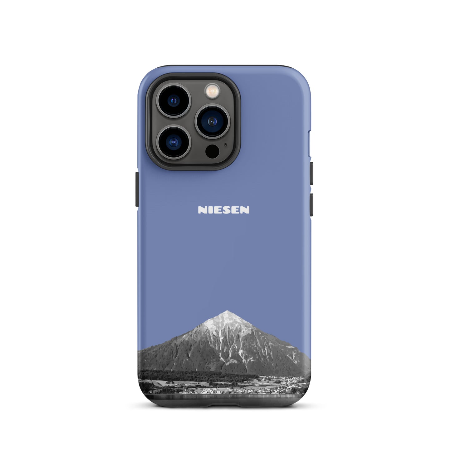 Pastellblaue iPhone 13 Pro Handyhülle mit mattem Finish und Niesen-Motiv aus dem Berner Oberland.