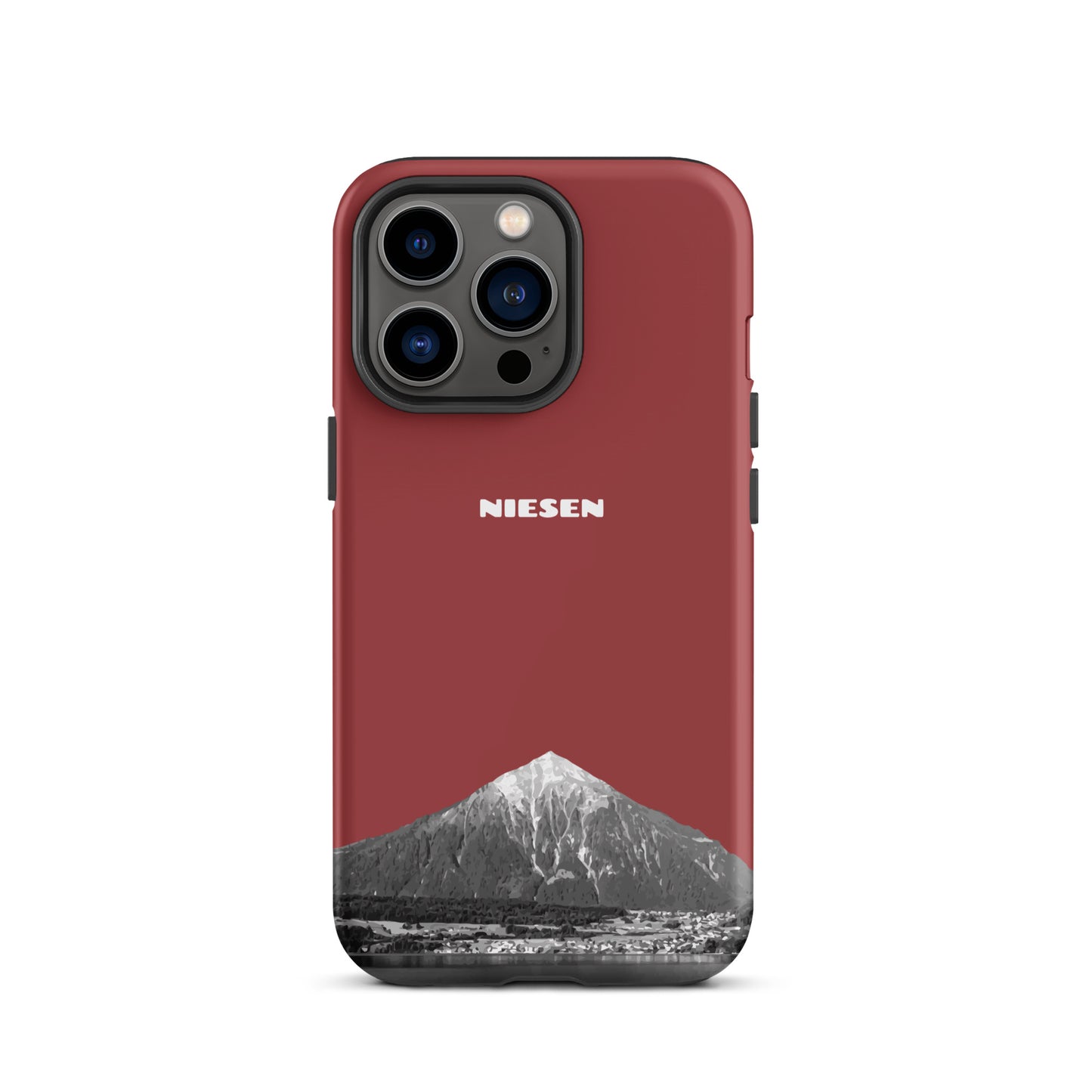 Rote iPhone 13 Pro Handyhülle mit mattem Finish und Niesen-Motiv aus dem Berner Oberland.