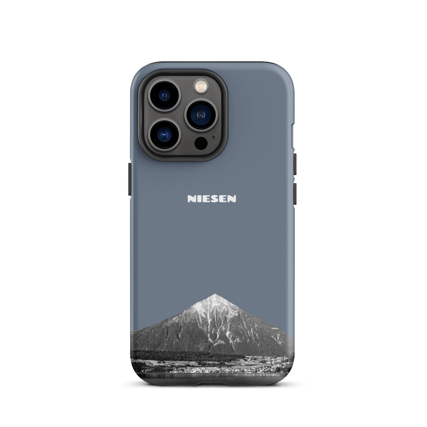 Matte Handyhülle für iPhone 13 Pro in Schiefergrau mit Niesen-Motiv aus dem Berner Oberland.