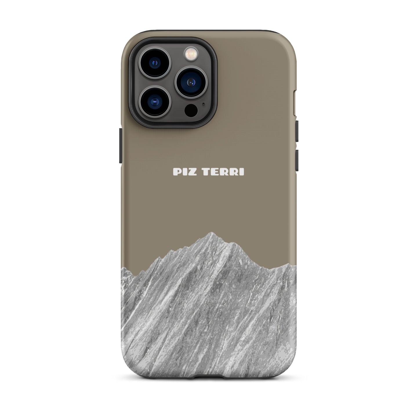 Graubraune iPhone Hülle mit Piz Terri Motiv aus mattem Material für iPhone 13 Pro Max.