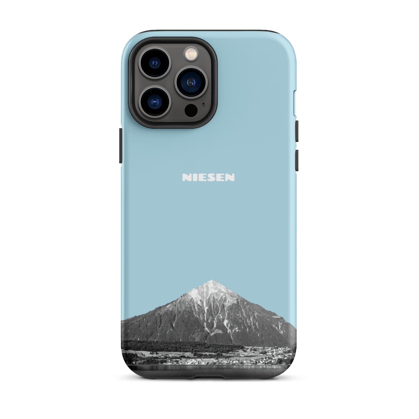 Matte Handyhülle für iPhone 13 Pro Max in Hellblau mit Niesen-Motiv aus dem Berner Oberland.