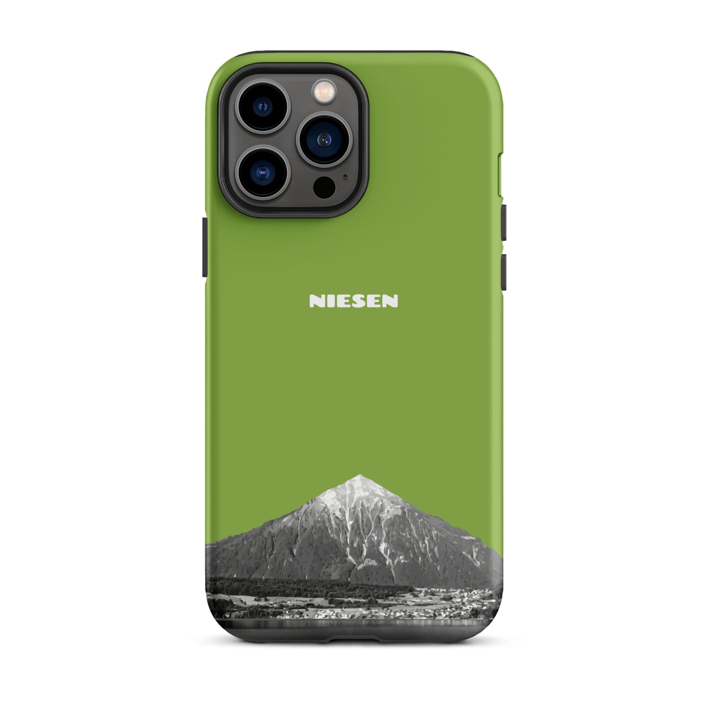 Gelbgrüne iPhone 13 Pro Max Hülle mit Niesen-Motiv, matt, stoßfest, präzise Aussparungen.