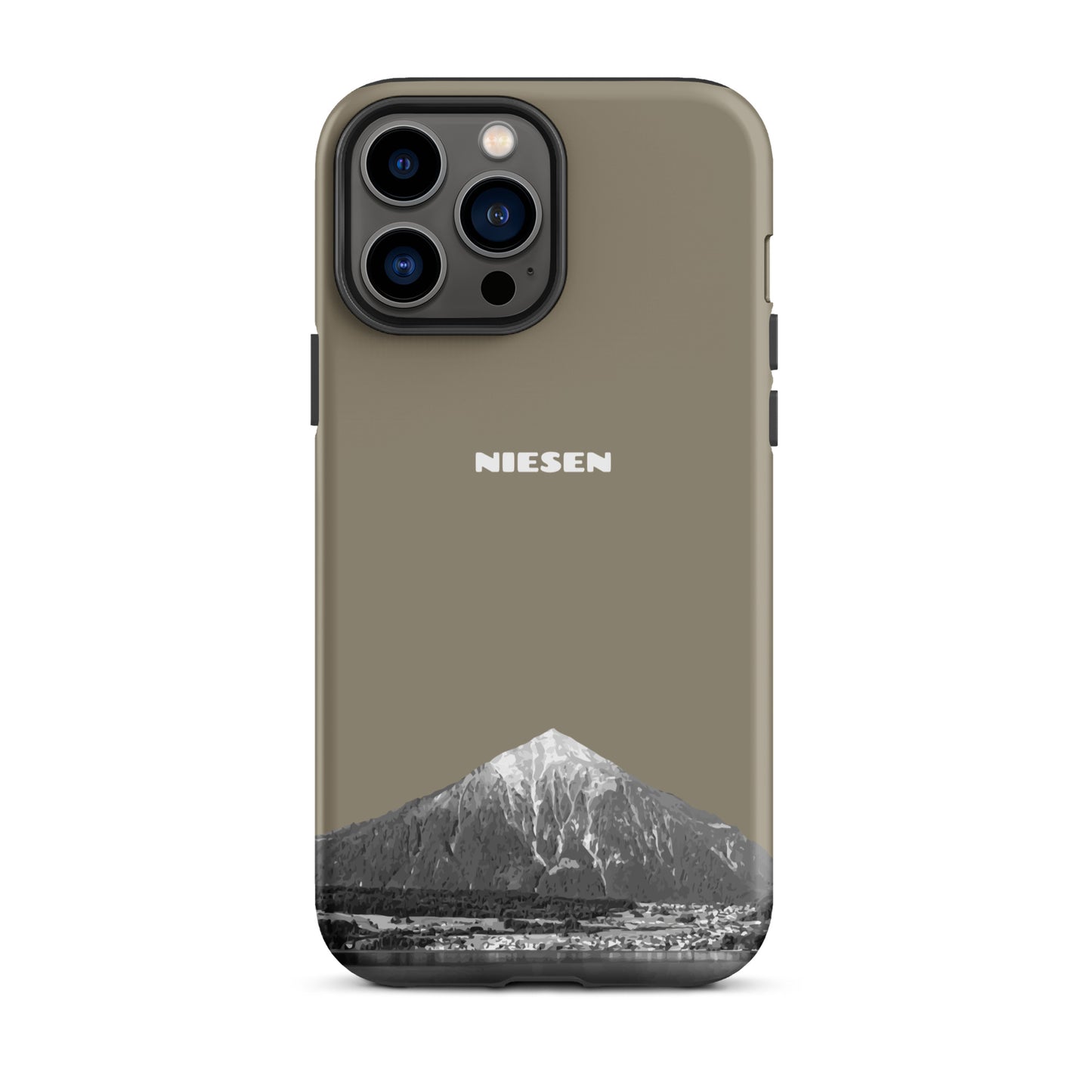 Graubraune iPhone 13 Pro Max Hülle mit Niesen-Motiv, matt, robust, präzise Aussparungen