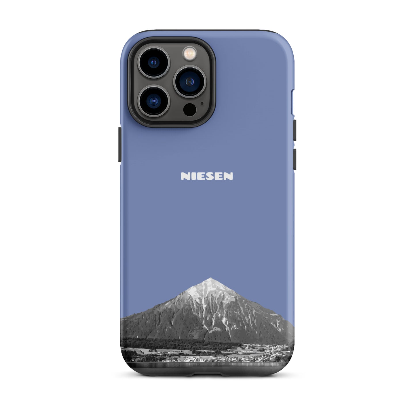 Pastellblaue iPhone 13 Pro Max Handyhülle mit Niesen-Motiv aus der Schweiz. Mattierte Oberfläche.
