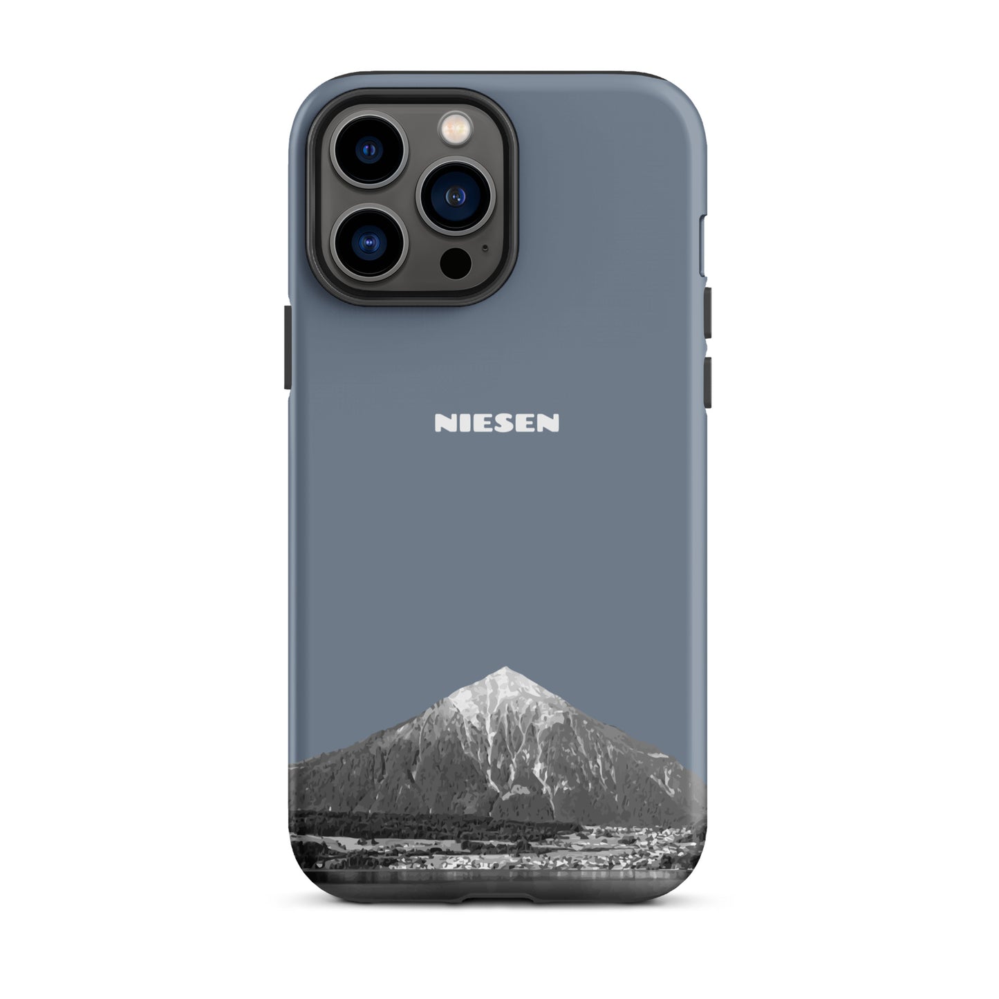 Schiefergraue iPhone 13 Pro Max Handyhülle mit Niesen-Motiv, matt, robust, präzise Aussparungen.