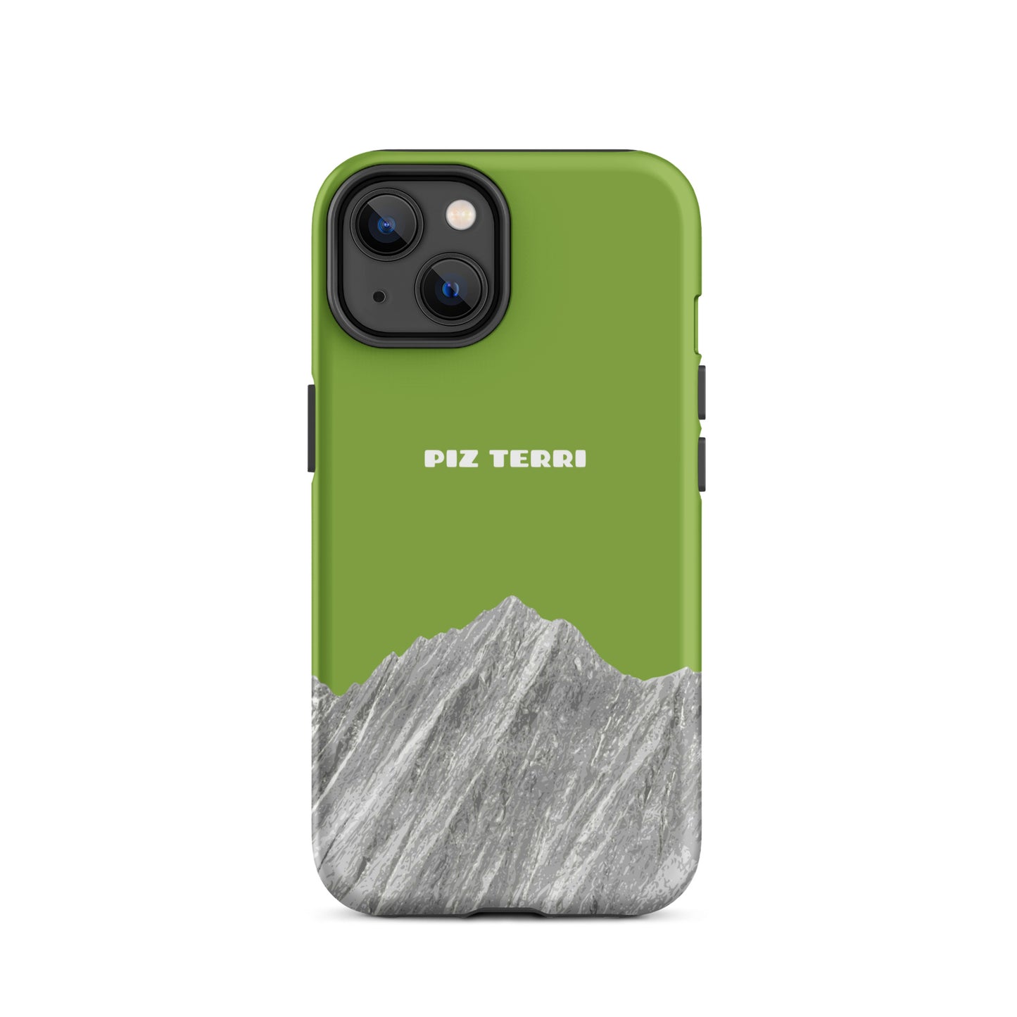 Gelbgrüne iPhone-Hülle mit Piz Terri Motiv, matte Oberfläche, Vorderansicht