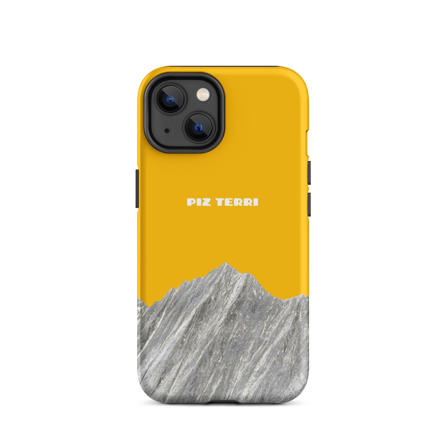 Goldgelbe iPhone Handyhülle mit Piz Terri Motiv, matt, für iPhone 14, Vorderansicht