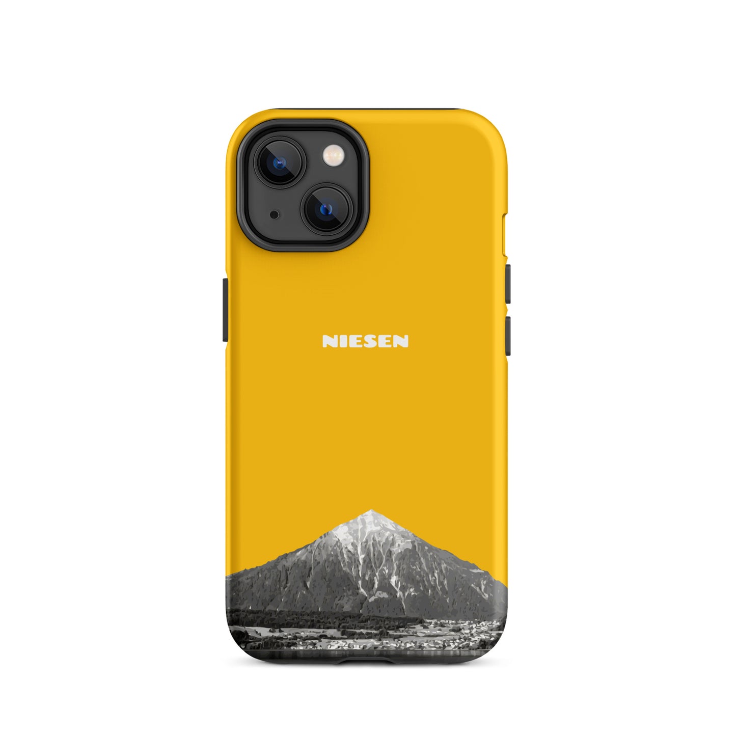Goldgelbe iPhone 14 Hülle mit Niesen-Motiv, matt, robust, Thunersee Panorama