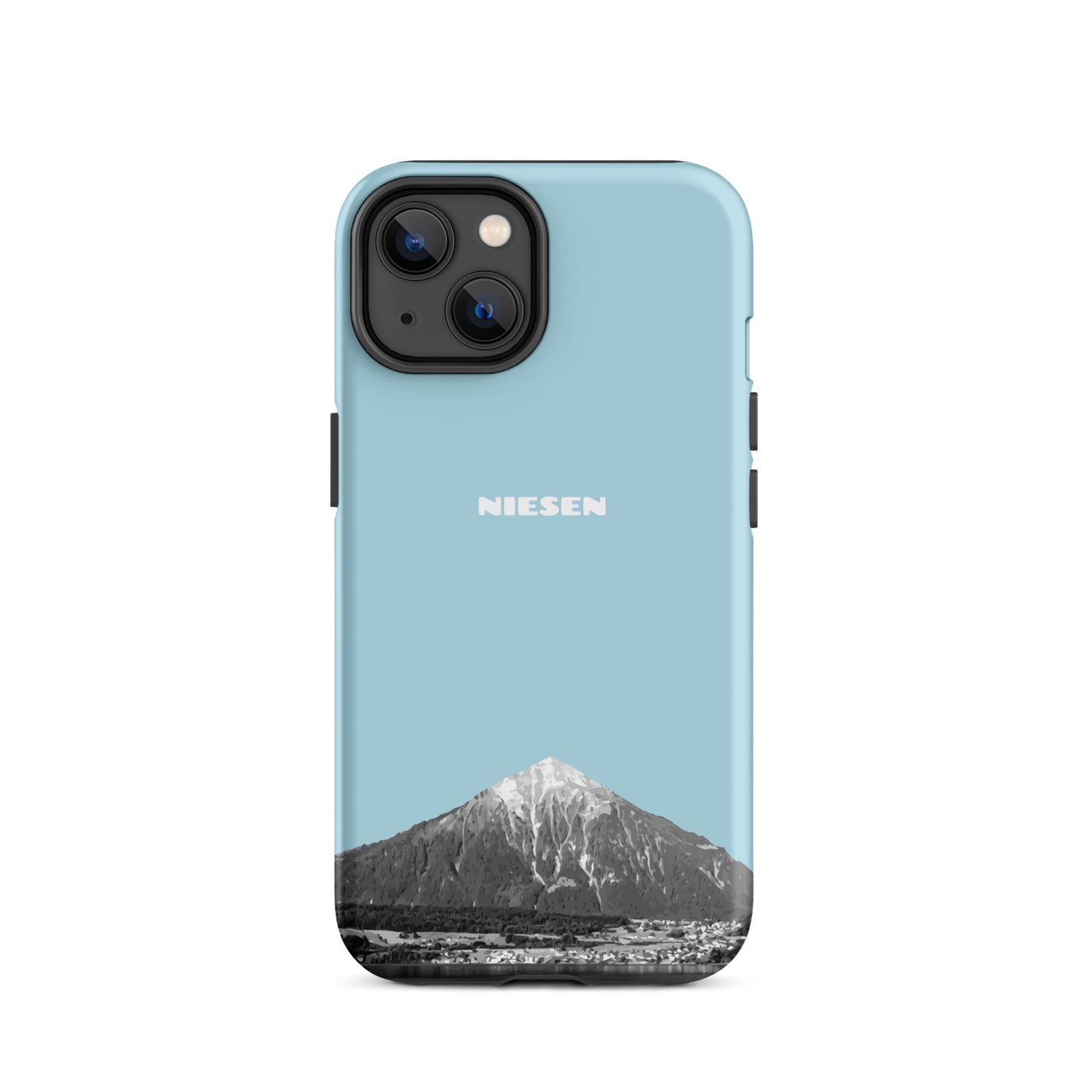 Matte Handyhülle für iPhone 14 in Hellblau mit Niesen-Motiv am Thunersee im Berner Oberland.